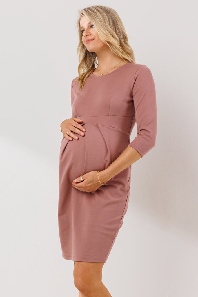 Mauve 3/4 Sleeve Round Neck Front Pleat Maternity Dress