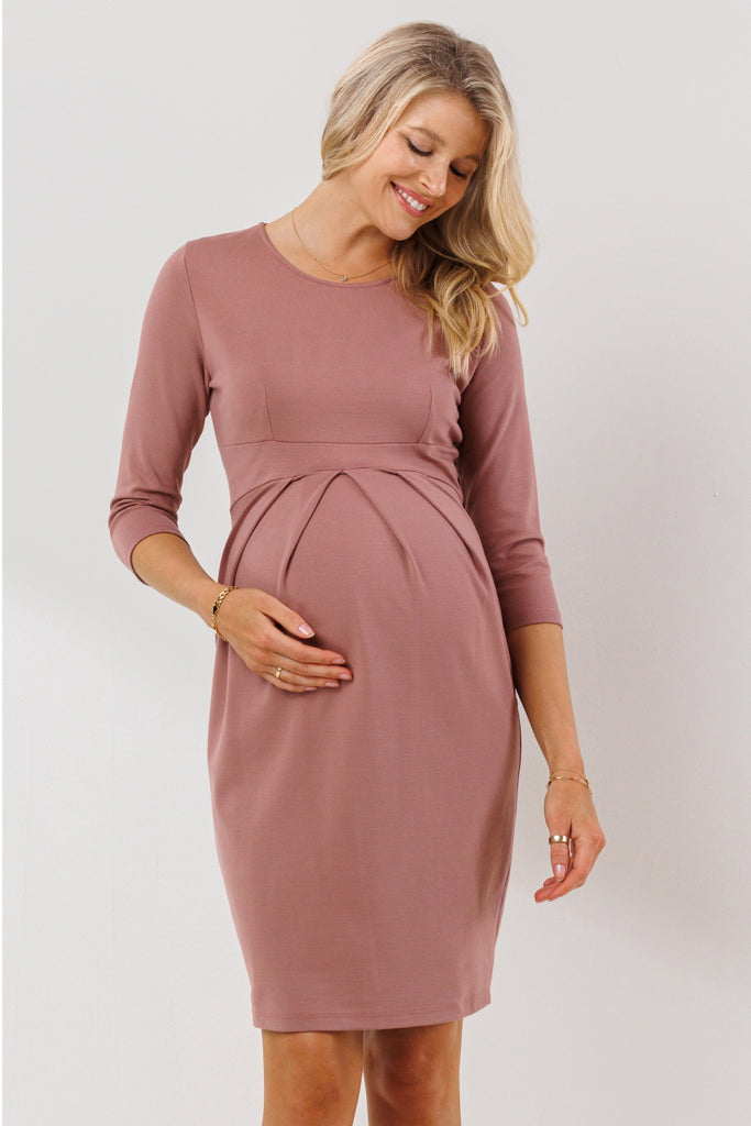 Mauve 3/4 Sleeve Round Neck Front Pleat Maternity Dress