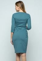 Turquoise 3/4 Sleeve Round Neck Front Pleat Maternity Dress