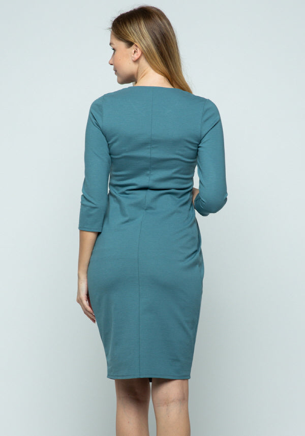 Turquoise 3/4 Sleeve Round Neck Front Pleat Maternity Dress