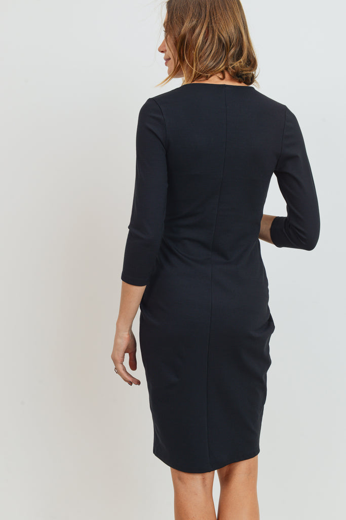Black 3/4 Sleeve Round Neck Front Pleat Maternity Dress