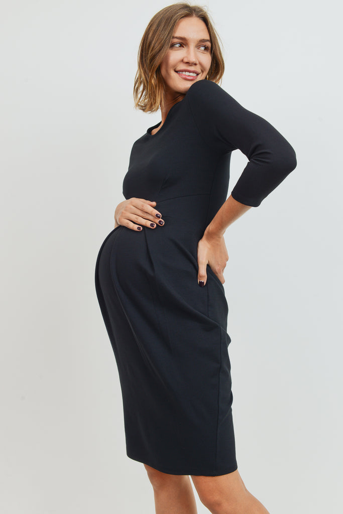 Black 3/4 Sleeve Round Neck Front Pleat Maternity Dress