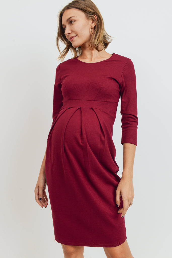 Burgundy 3/4 Sleeve Round Neck Front Pleat Maternity Dress