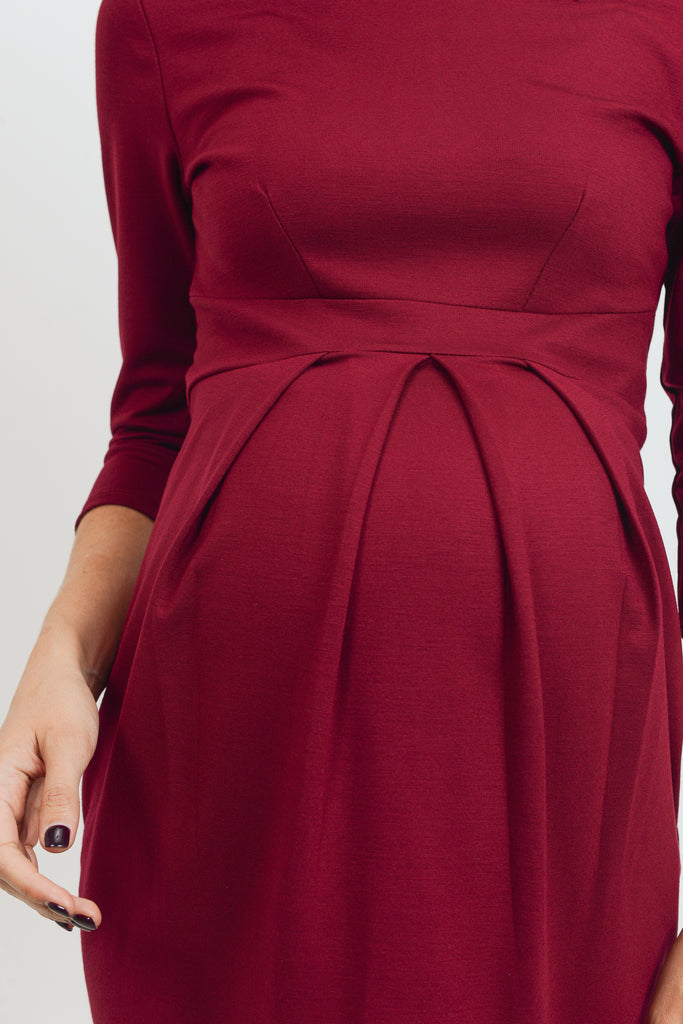 Burgundy 3/4 Sleeve Round Neck Front Pleat Maternity Dress