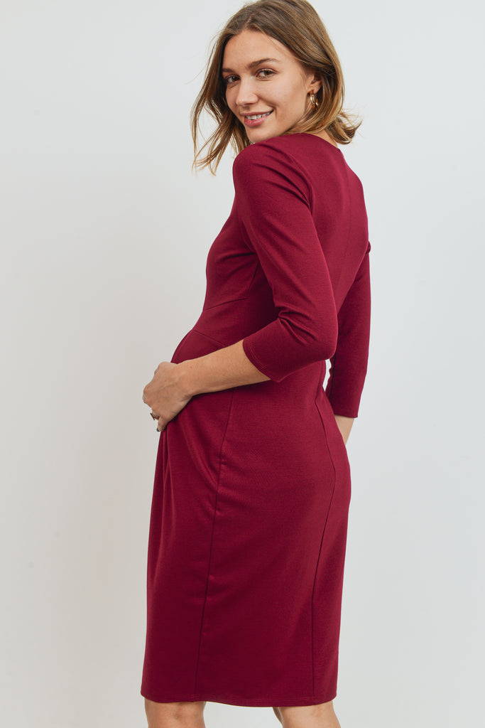 Burgundy 3/4 Sleeve Round Neck Front Pleat Maternity Dress