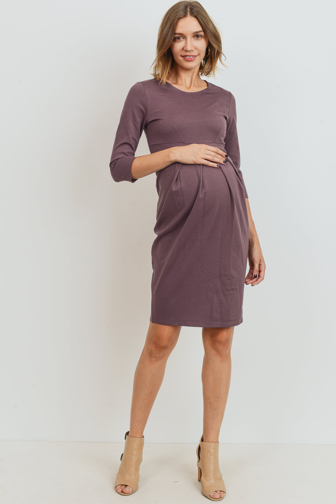 Mauve 3/4 Sleeve Round Neck Front Pleat Maternity Dress