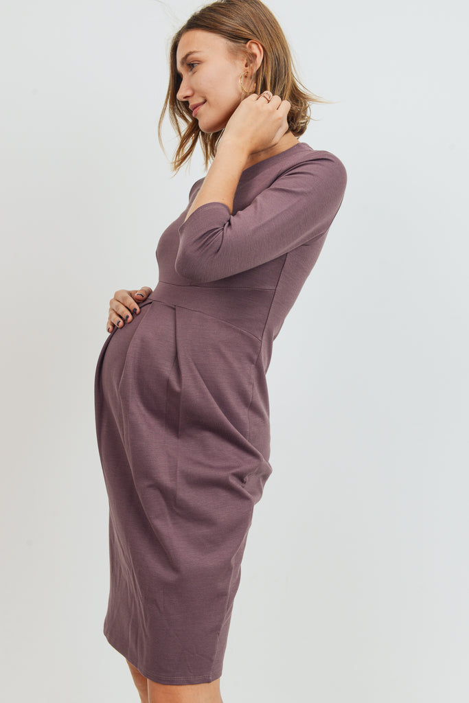 Mauve 3/4 Sleeve Round Neck Front Pleat Maternity Dress
