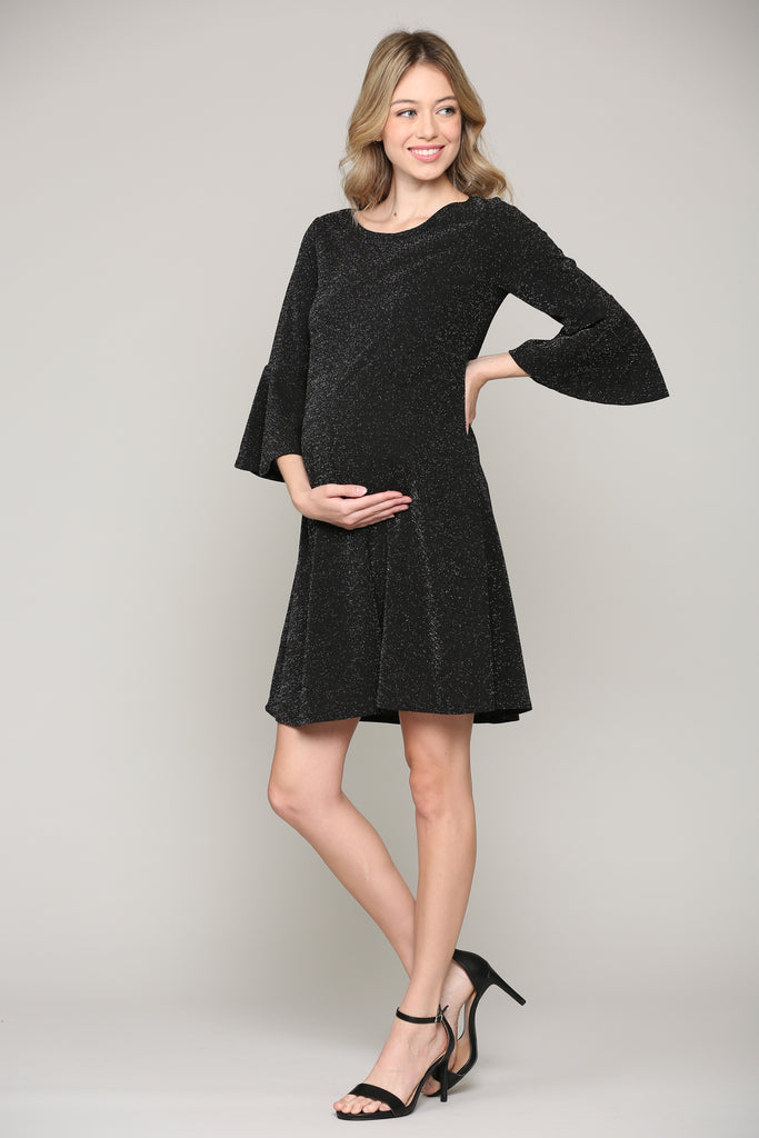 Black Lurex Bell Sleeve Midi Maternity Dress