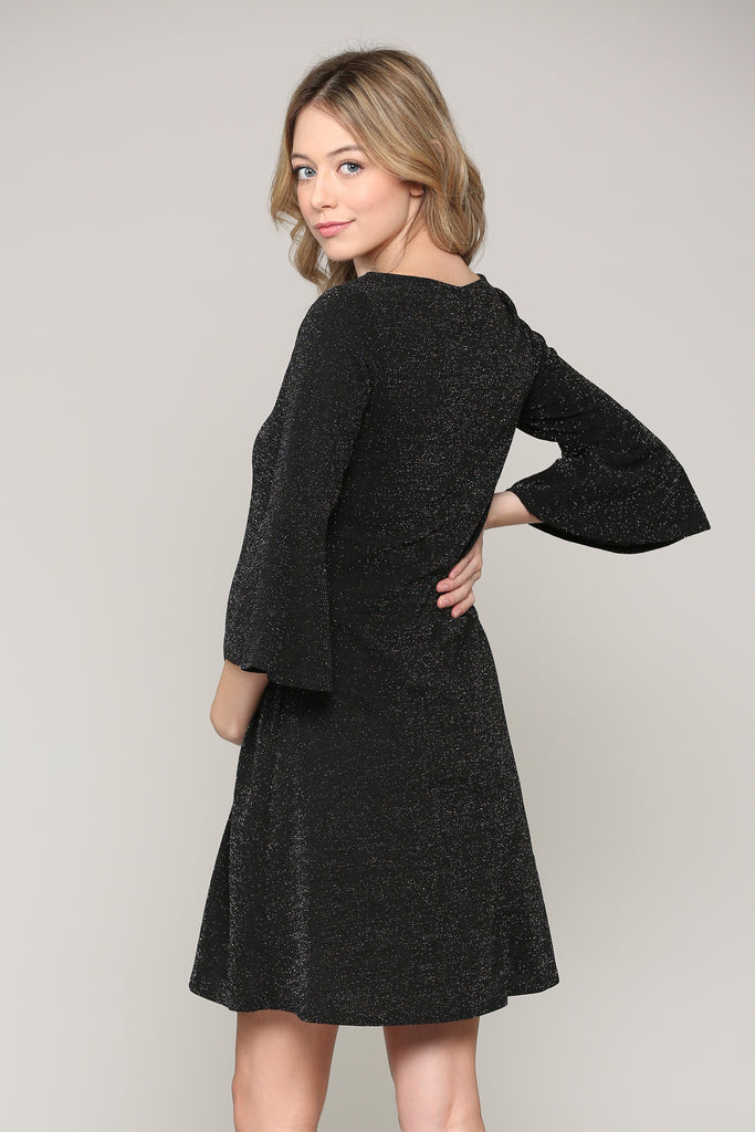 Black Lurex Bell Sleeve Midi Maternity Dress