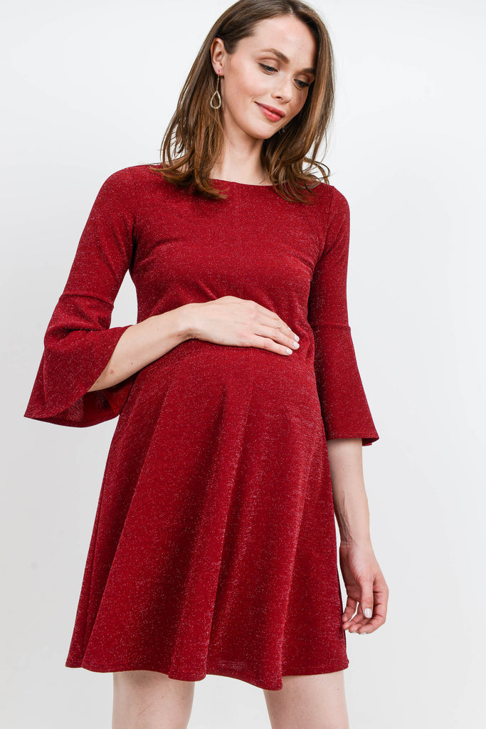 Burgundy Lurex Bell Sleeve Midi Maternity Dress