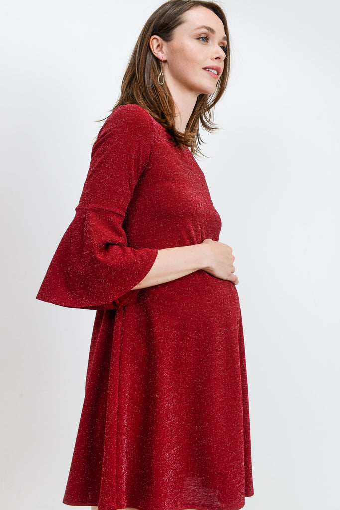 Burgundy Lurex Bell Sleeve Midi Maternity Dress