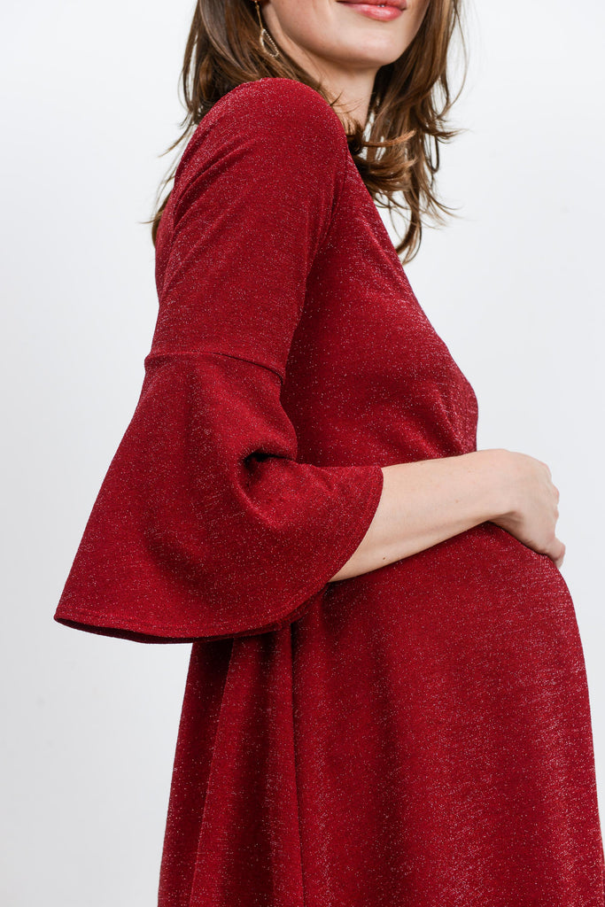 Burgundy Lurex Bell Sleeve Midi Maternity Dress