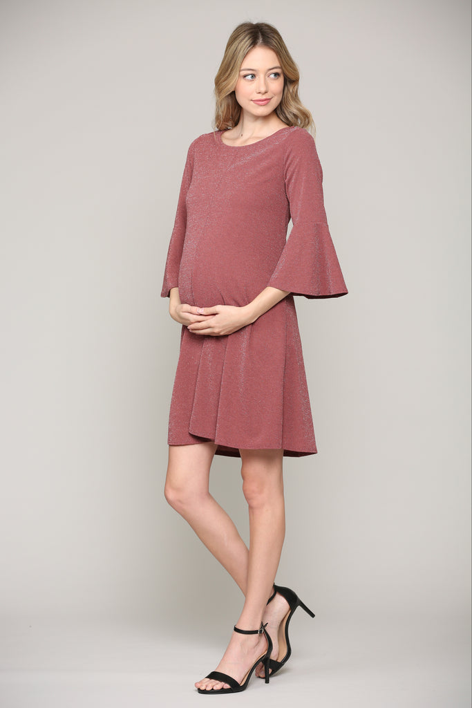 Mauve Lurex Bell Sleeve Midi Maternity Dress