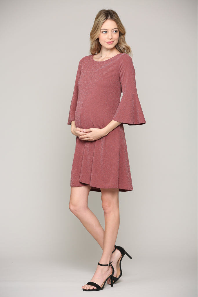 Mauve Lurex Bell Sleeve Midi Maternity Dress