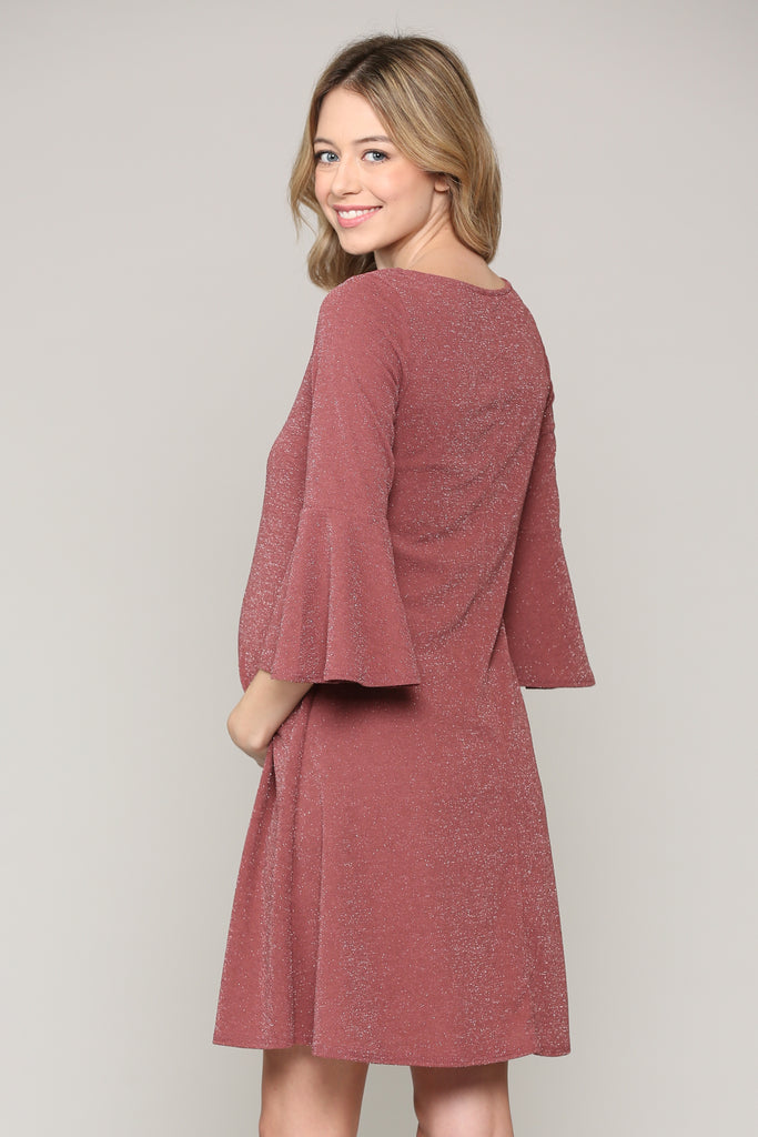 Mauve Lurex Bell Sleeve Midi Maternity Dress