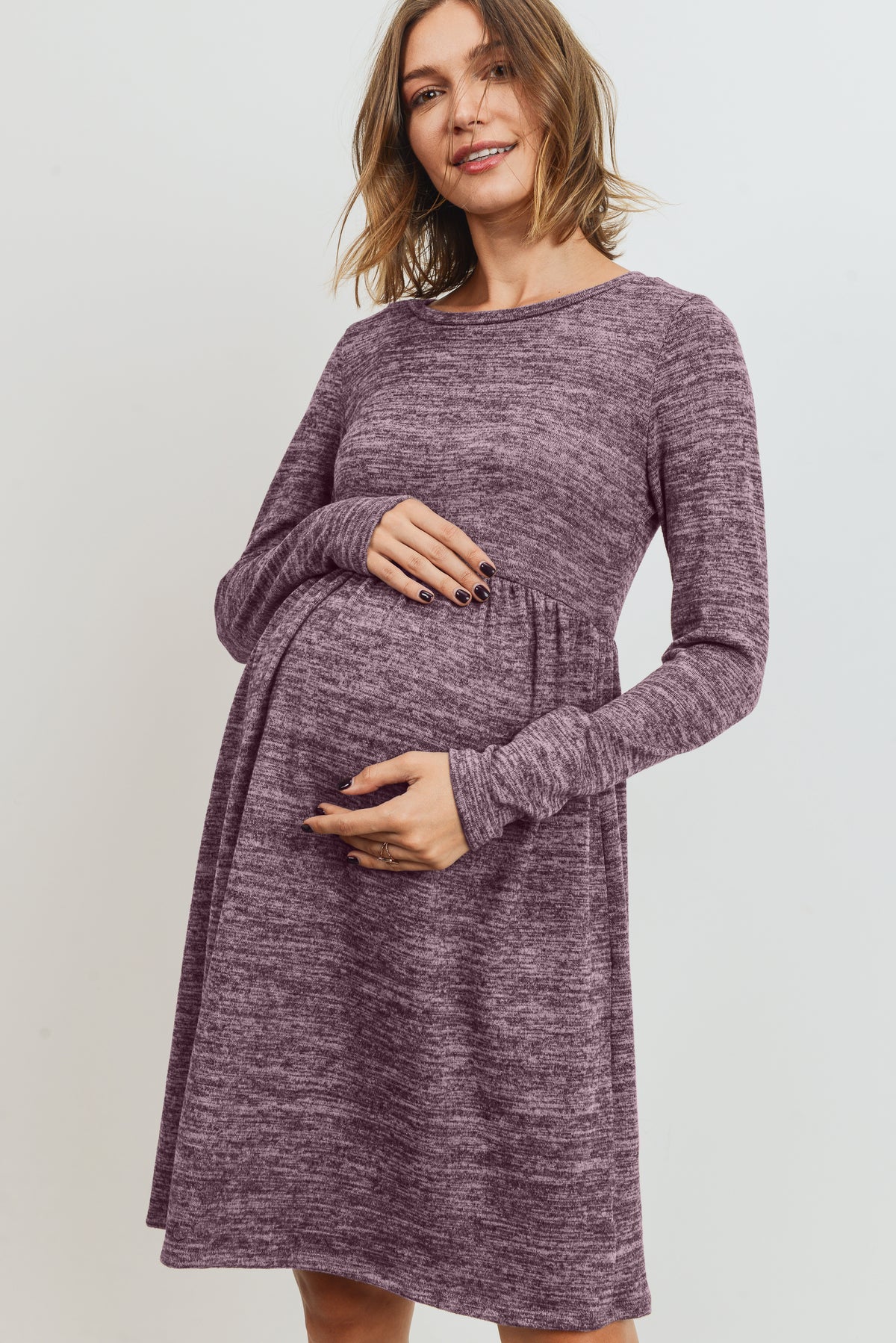 Mauve Knit Long Sleeve Front Pleat Side Pocket Maternity Dress