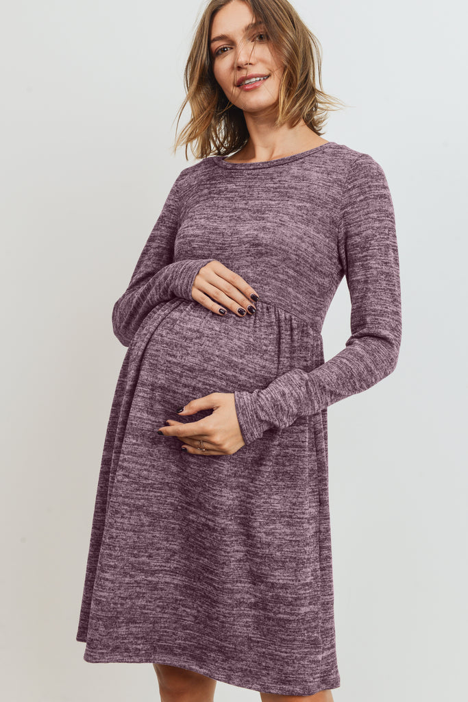 Mauve Knit Long Sleeve Front Pleat Side Pocket Maternity Dress