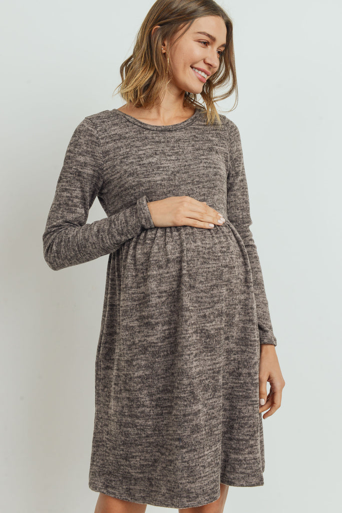 Mocha Knit Long Sleeve Front Pleat Side Pocket Maternity Dress