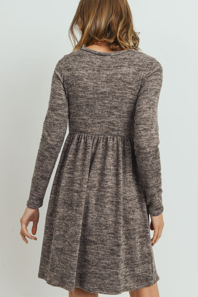 Mocha Knit Long Sleeve Front Pleat Side Pocket Maternity Dress