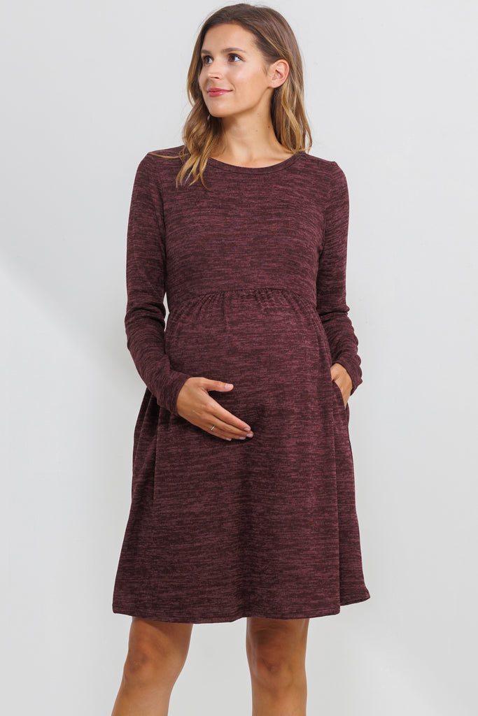 Burgundy Knit Long Sleeve Front Pleat Side Pocket Maternity Dress