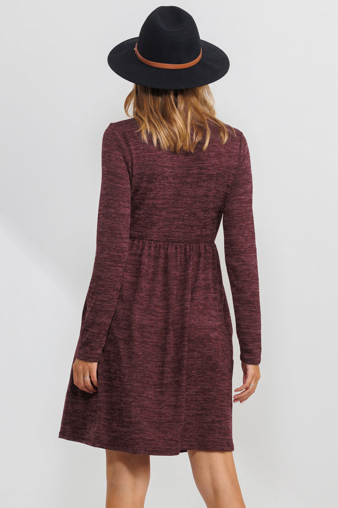 Burgundy Knit Long Sleeve Front Pleat Side Pocket Maternity Dress