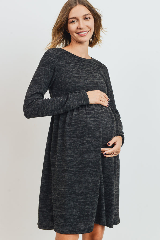 Black Knit Long Sleeve Front Pleat Side Pocket Maternity Dress