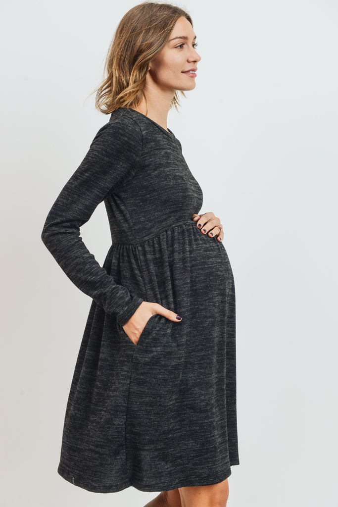 Black Knit Long Sleeve Front Pleat Side Pocket Maternity Dress