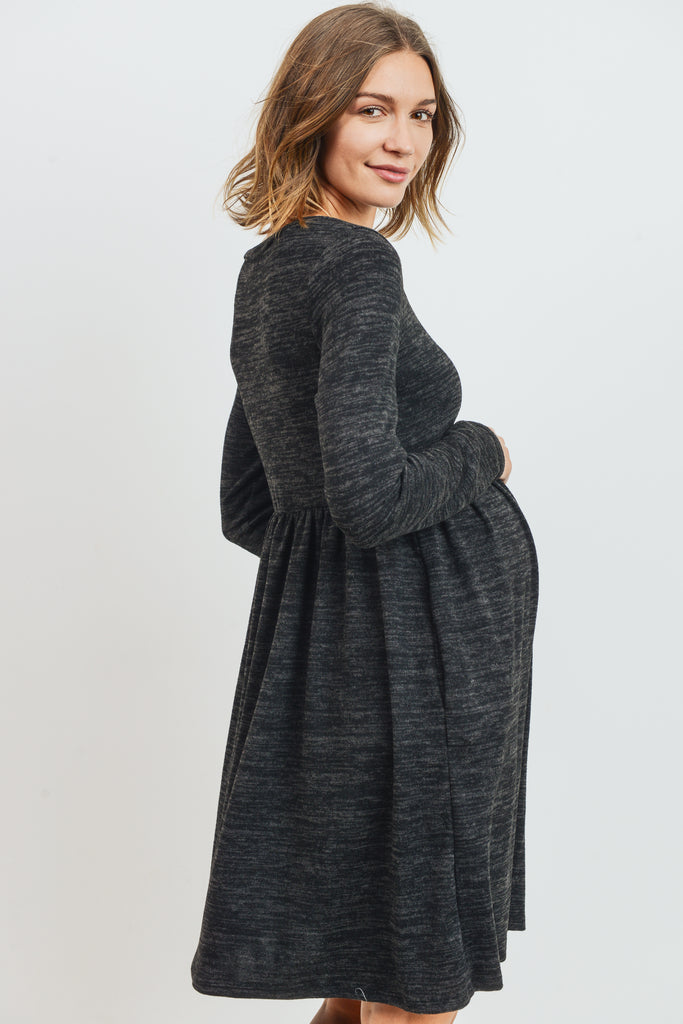 Black Knit Long Sleeve Front Pleat Side Pocket Maternity Dress