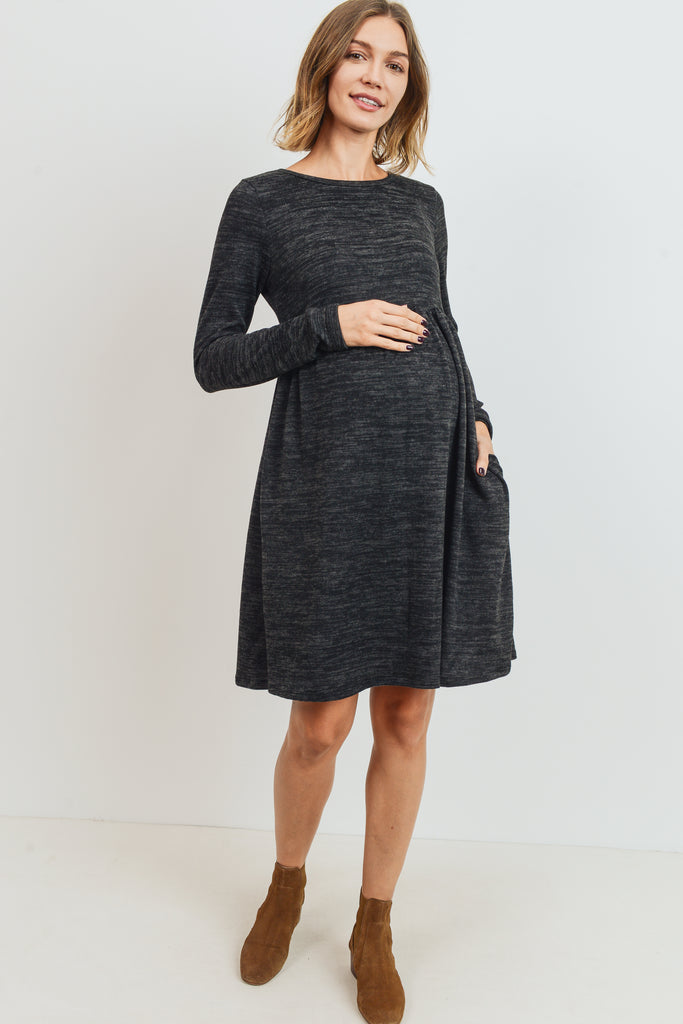 Black Knit Long Sleeve Front Pleat Side Pocket Maternity Dress