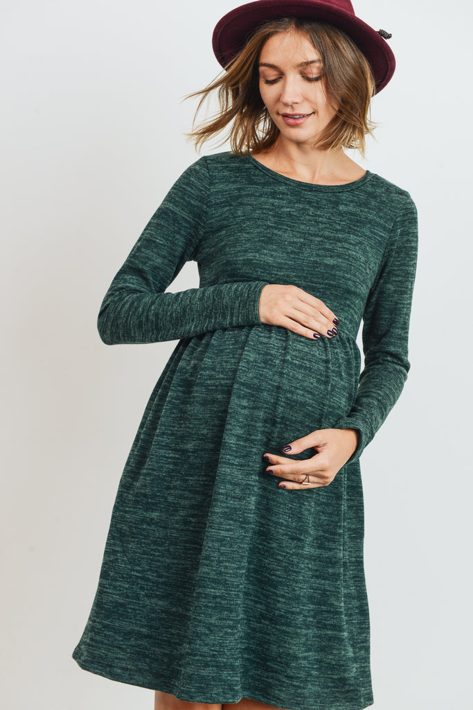 Green Knit Long Sleeve Front Pleat Side Pocket Maternity Dress