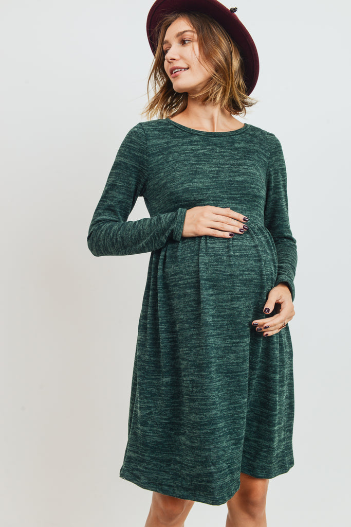 Green Knit Long Sleeve Front Pleat Side Pocket Maternity Dress