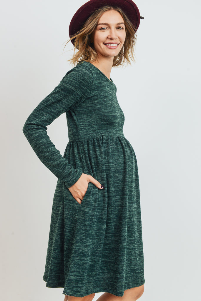 Green Knit Long Sleeve Front Pleat Side Pocket Maternity Dress