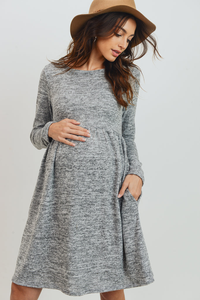 Heather Grey Knit Long Sleeve Front Pleat Side Pocket Maternity Dress