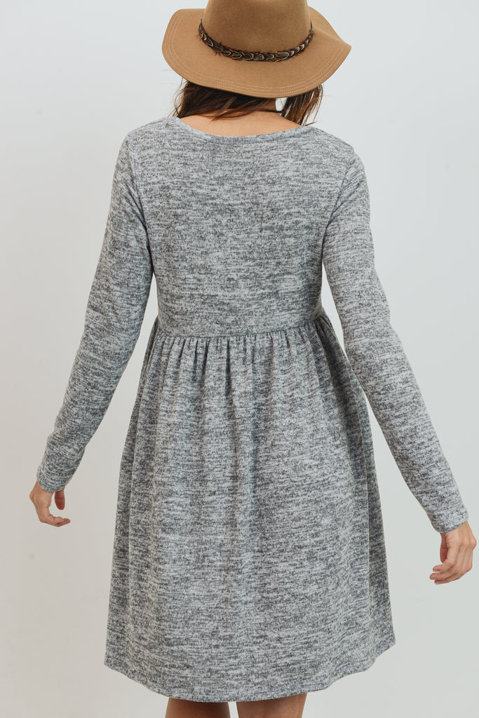 Heather Grey Knit Long Sleeve Front Pleat Side Pocket Maternity Dress