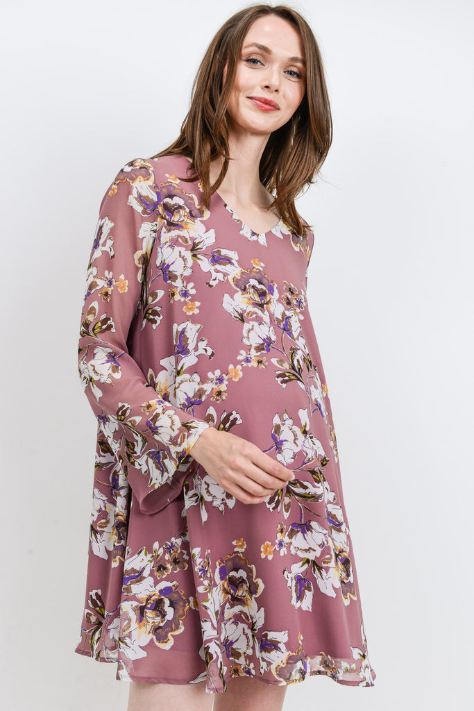 Mauve Floral V-Neck Long Sleeve Chiffon Maternity Dress