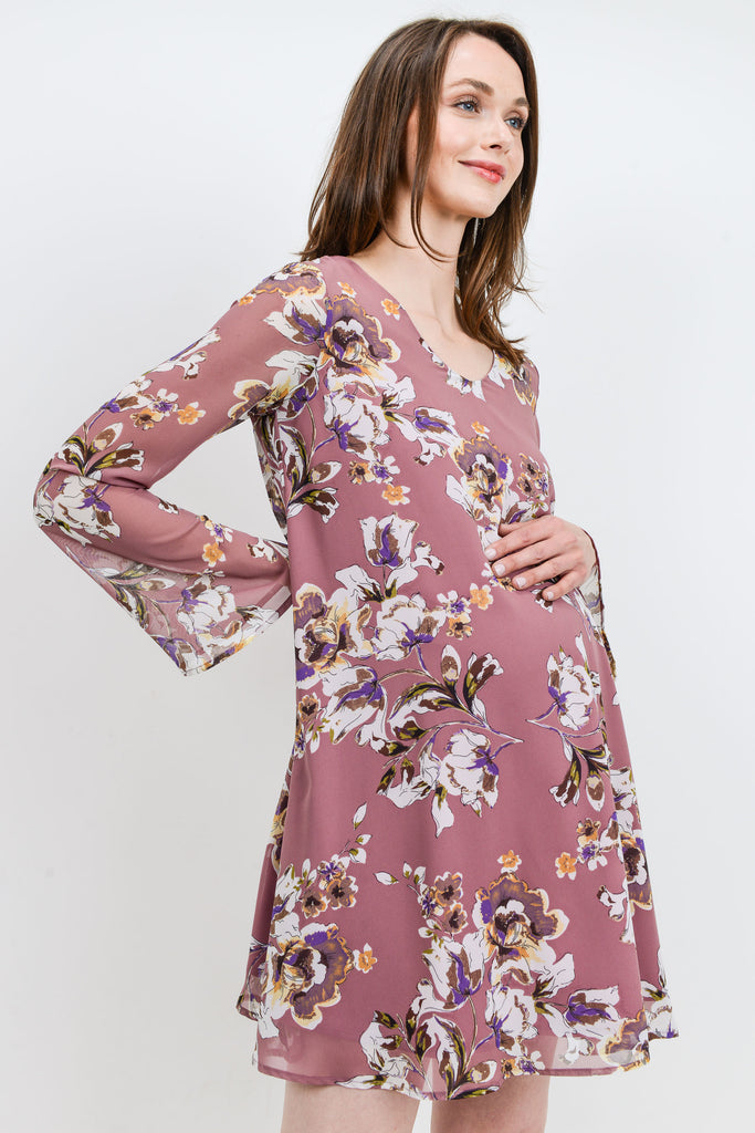 Mauve Floral V-Neck Long Sleeve Chiffon Maternity Dress
