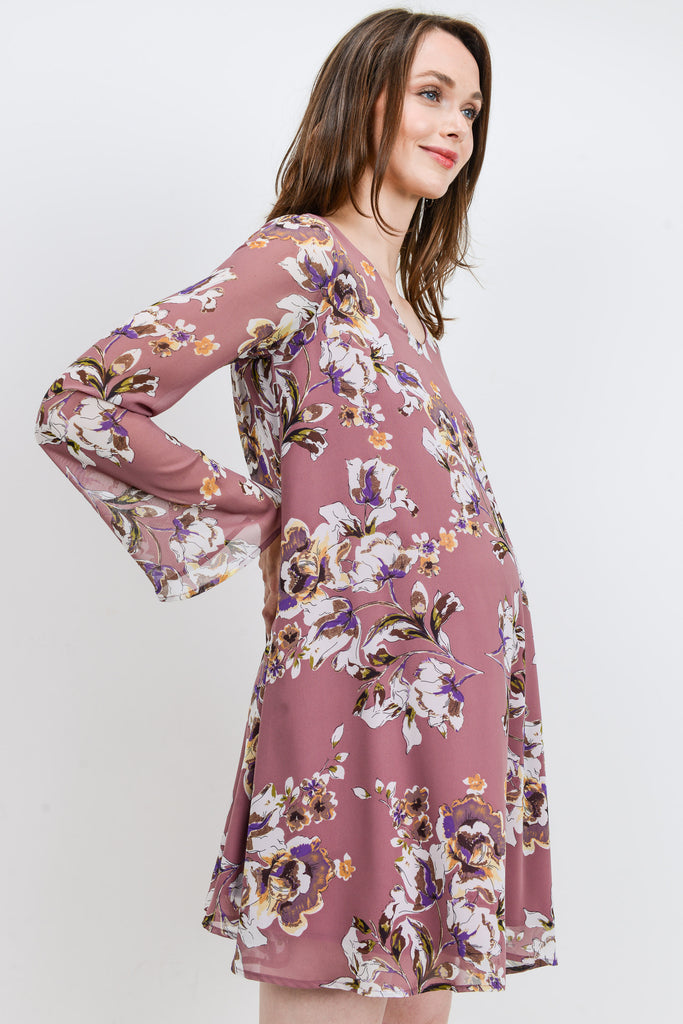 Mauve Floral V-Neck Long Sleeve Chiffon Maternity Dress