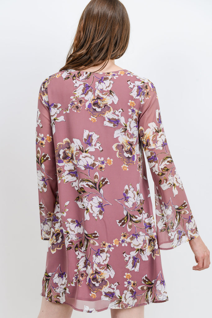 Mauve Floral V-Neck Long Sleeve Chiffon Maternity Dress