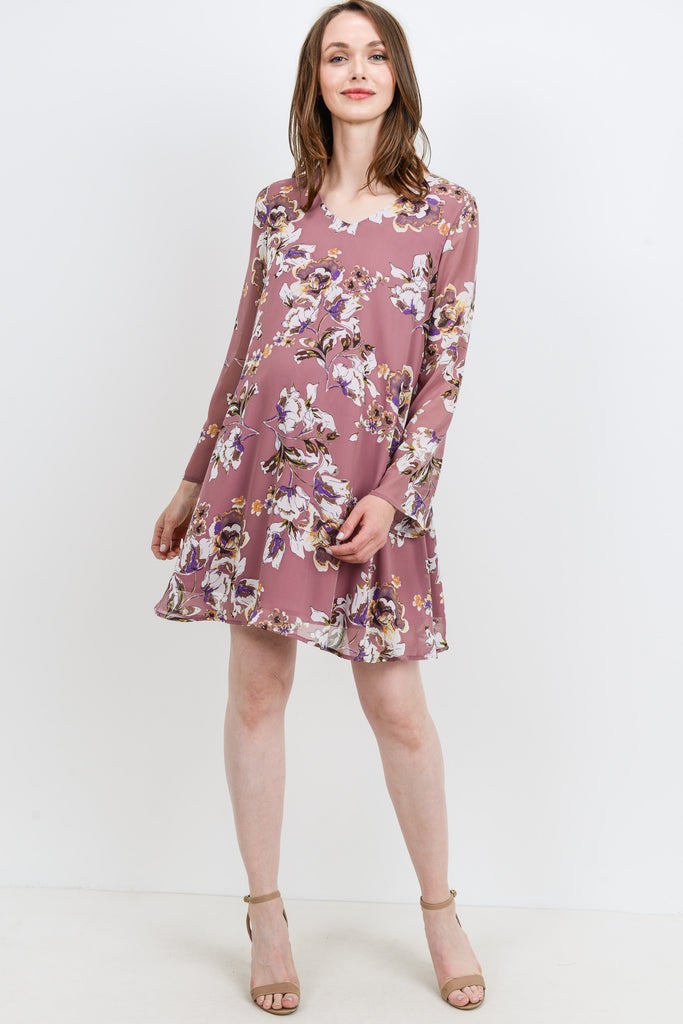 Mauve Floral V-Neck Long Sleeve Chiffon Maternity Dress