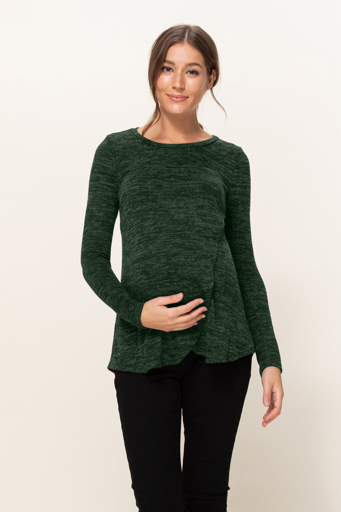 Heather Green Sweater Knit Tulip Hem Maternity/Nursing Top