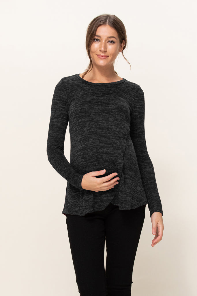 Black Sweater Knit Tulip Hem Maternity/Nursing Top