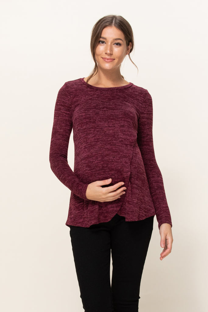 Burgundy Sweater Knit Tulip Hem Maternity/Nursing Top