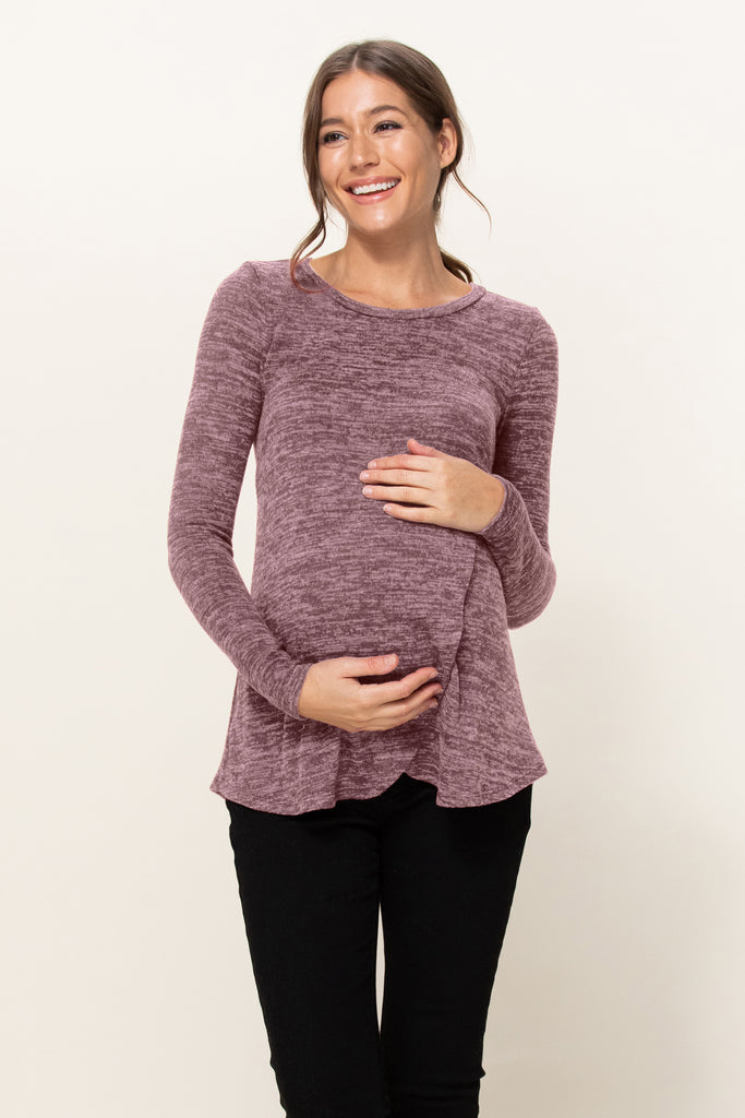 Mauve Sweater Knit Tulip Hem Maternity/Nursing Top