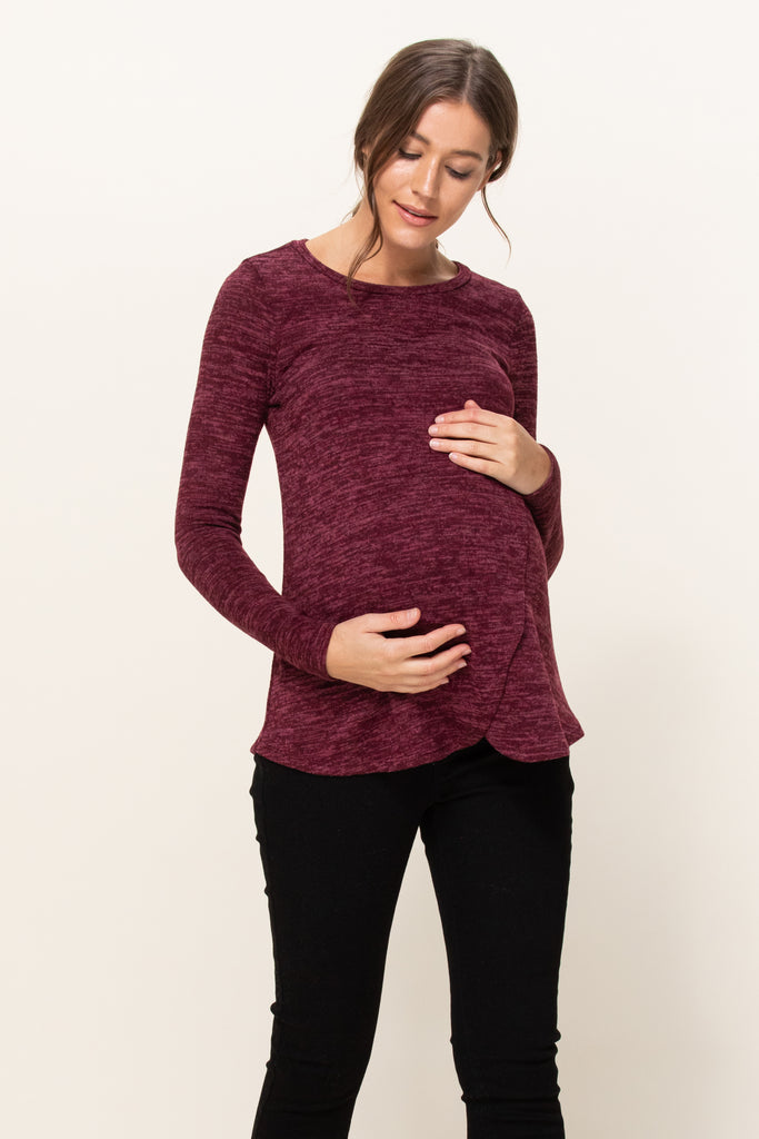 Burgundy Sweater Knit Tulip Hem Maternity/Nursing Top