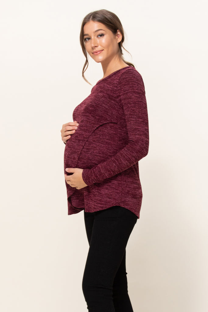 Burgundy Sweater Knit Tulip Hem Maternity/Nursing Top