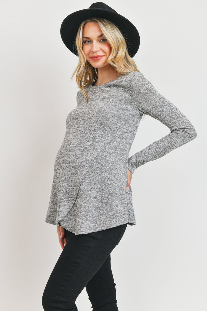 Heather Grey Sweater Knit Tulip Hem Maternity/Nursing Top