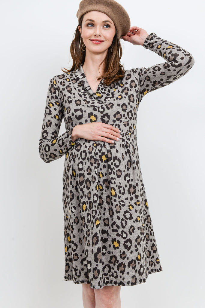 Grey Leopard Empire Long Sleeve Maternity Sweater Dress