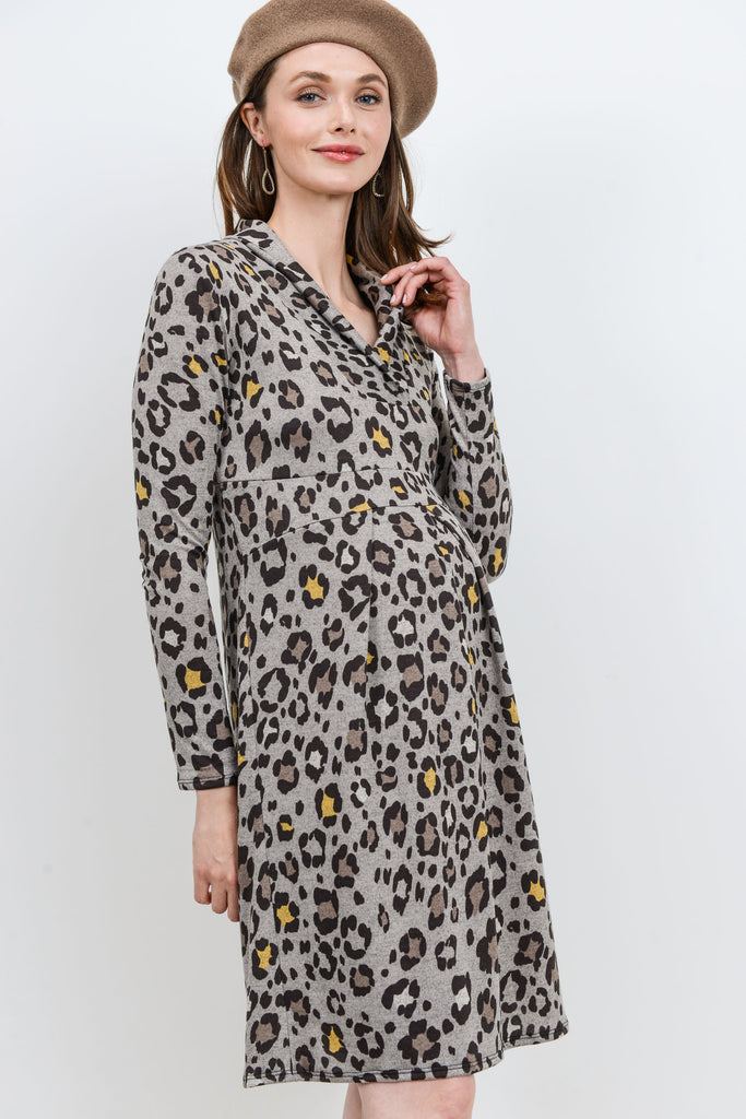 Grey Leopard Empire Long Sleeve Maternity Sweater Dress