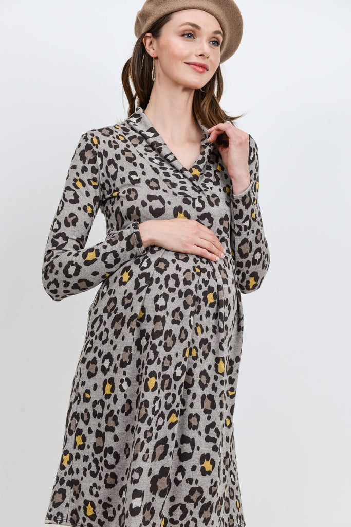 Grey Leopard Empire Long Sleeve Maternity Sweater Dress
