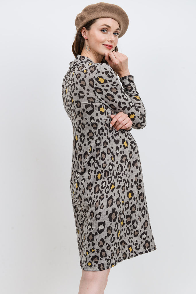 Grey Leopard Empire Long Sleeve Maternity Sweater Dress